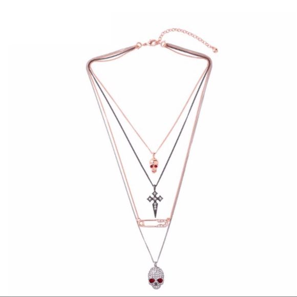 Layered Skull Safety Pin Cross Rose Gold Gun Metal Silver Necklace NWT - Picture 4 of 8